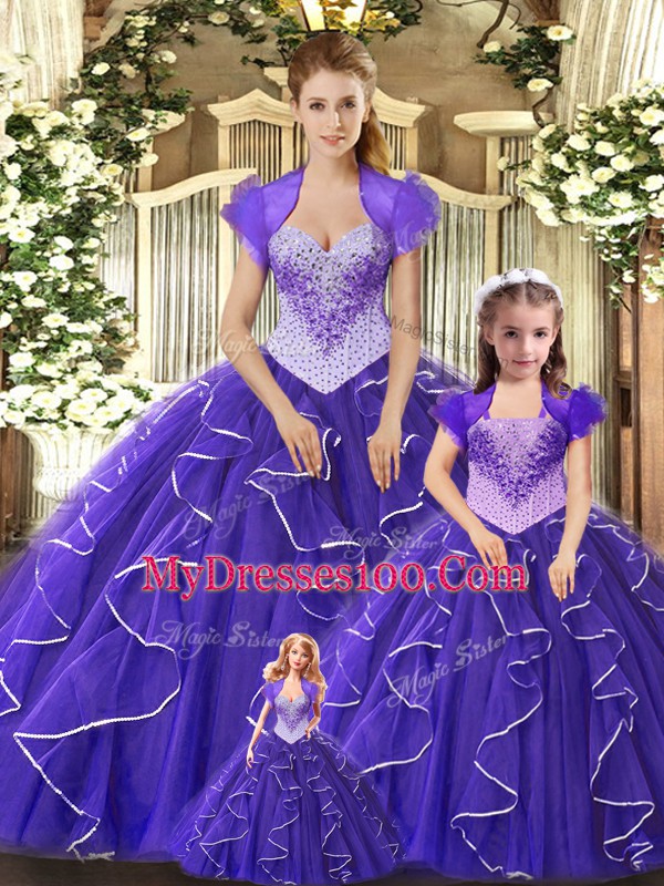 Purple Sleeveless Tulle Lace Up Quinceanera Dress for Military Ball and Sweet 16 and Quinceanera