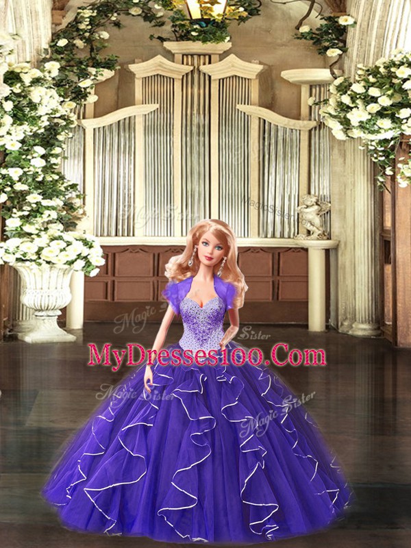 Purple Sleeveless Tulle Lace Up Quinceanera Dress for Military Ball and Sweet 16 and Quinceanera