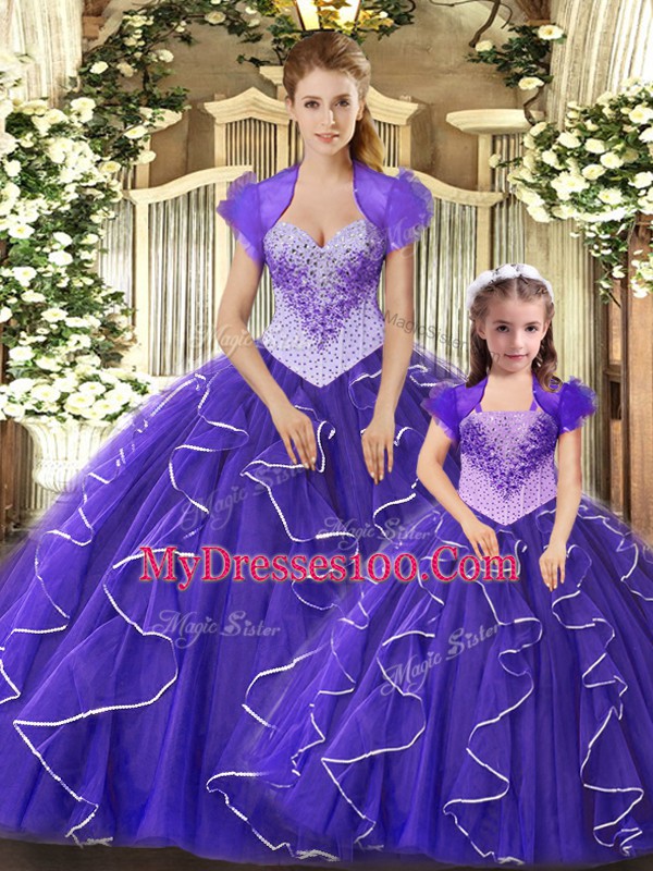 Purple Sleeveless Tulle Lace Up Quinceanera Dress for Military Ball and Sweet 16 and Quinceanera
