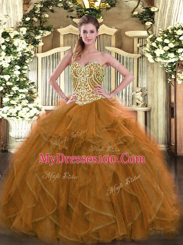 Sophisticated Brown Ball Gowns Beading Sweet 16 Dress Lace Up Tulle Sleeveless Floor Length