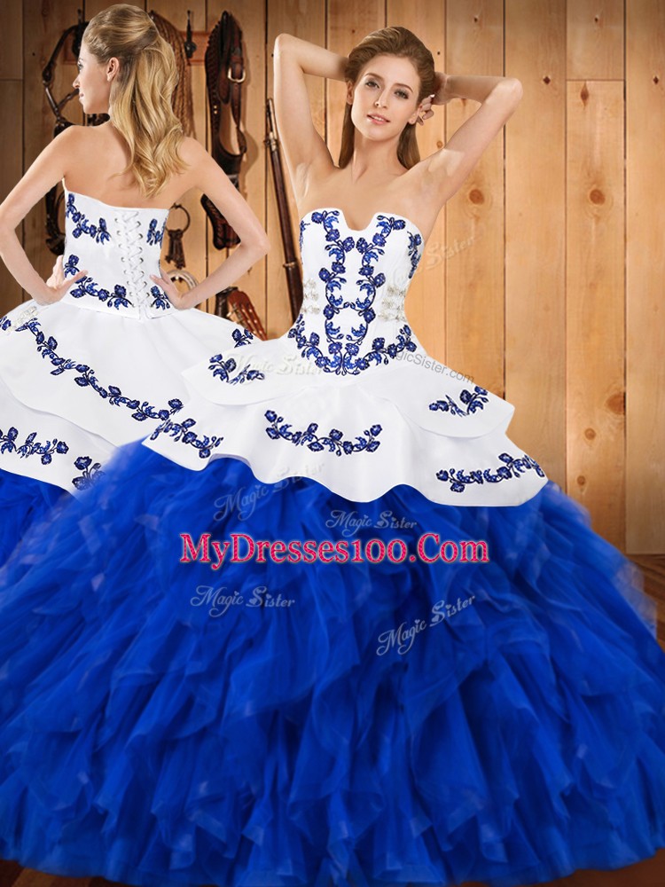 Traditional Blue And White Satin and Organza Lace Up Strapless Sleeveless Floor Length Quinceanera Gowns Embroidery and Ruffles