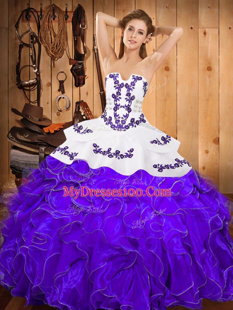 Sexy White And Purple Sleeveless Satin and Organza Lace Up Quinceanera Gown for Military Ball and Sweet 16 and Quinceanera