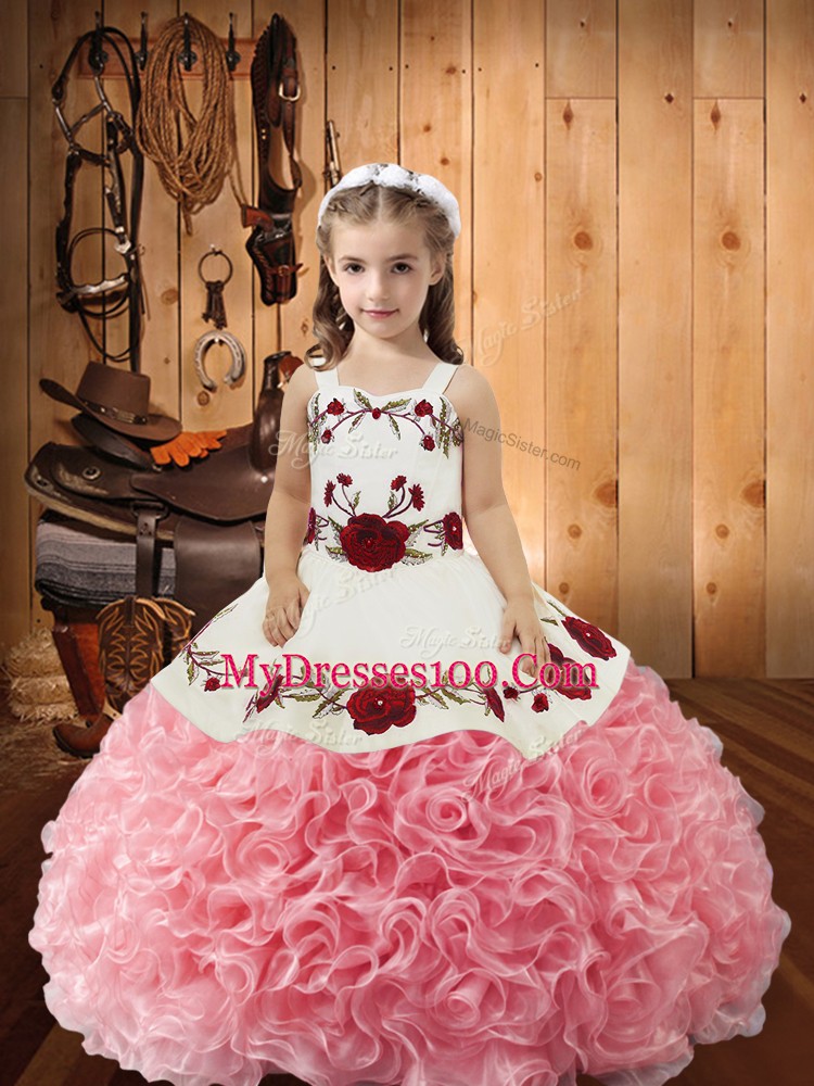 Cute Pink Straps Neckline Embroidery and Ruffles Little Girl Pageant Gowns Sleeveless Lace Up