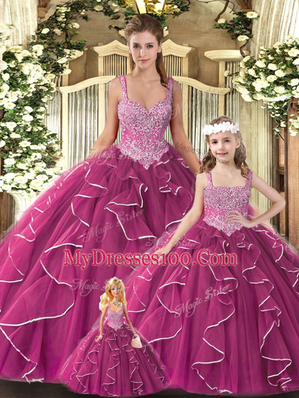 Most Popular Straps Sleeveless Sweet 16 Dresses Floor Length Beading and Ruffles Fuchsia Tulle
