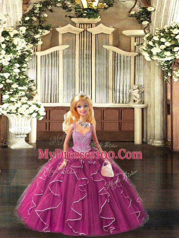 Most Popular Straps Sleeveless Sweet 16 Dresses Floor Length Beading and Ruffles Fuchsia Tulle
