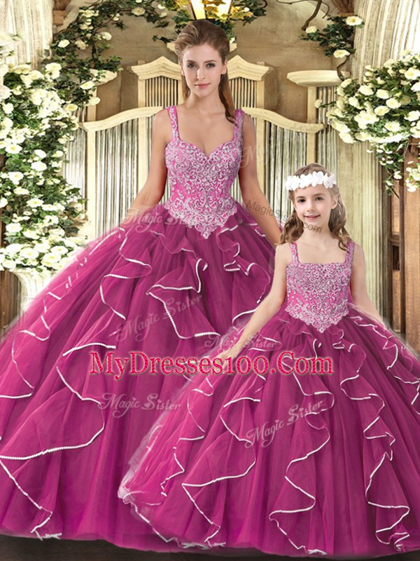 Most Popular Straps Sleeveless Sweet 16 Dresses Floor Length Beading and Ruffles Fuchsia Tulle
