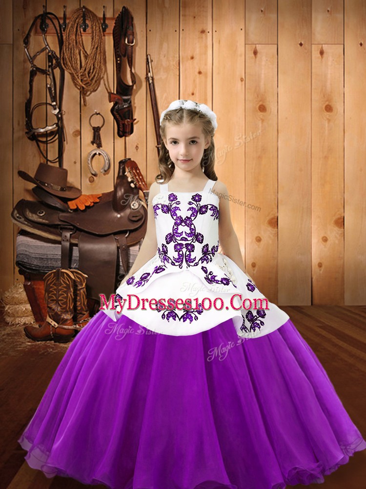 New Arrival Eggplant Purple Straps Lace Up Embroidery Little Girls Pageant Dress Sleeveless