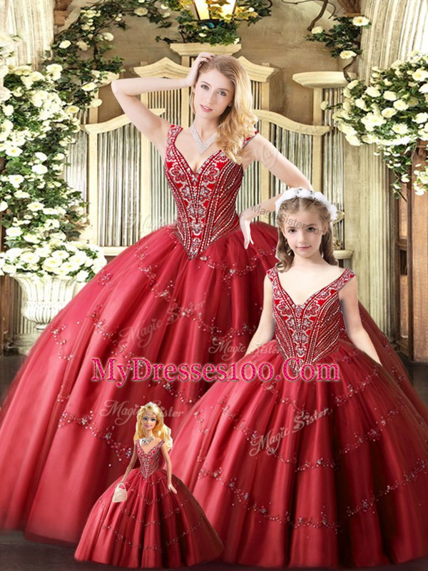 Floor Length Lace Up Vestidos de Quinceanera Red for Military Ball and Sweet 16 and Quinceanera with Beading
