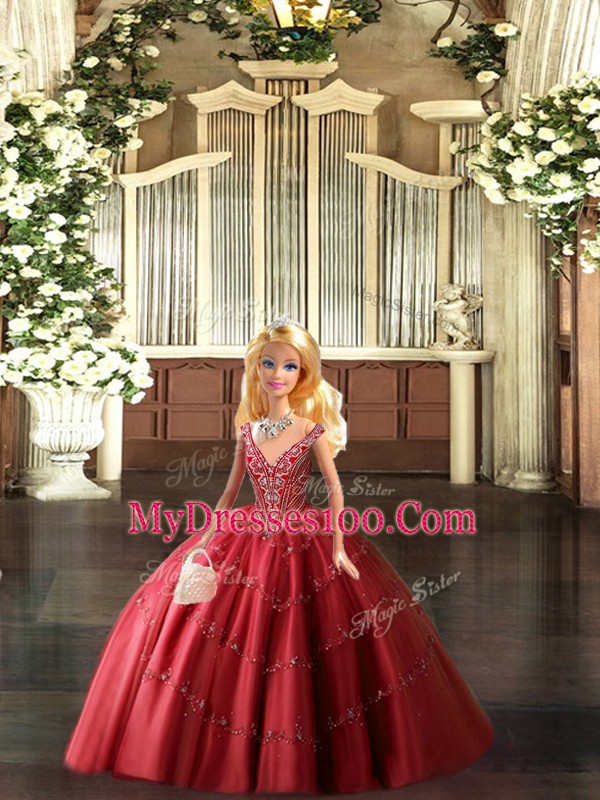 Floor Length Lace Up Vestidos de Quinceanera Red for Military Ball and Sweet 16 and Quinceanera with Beading