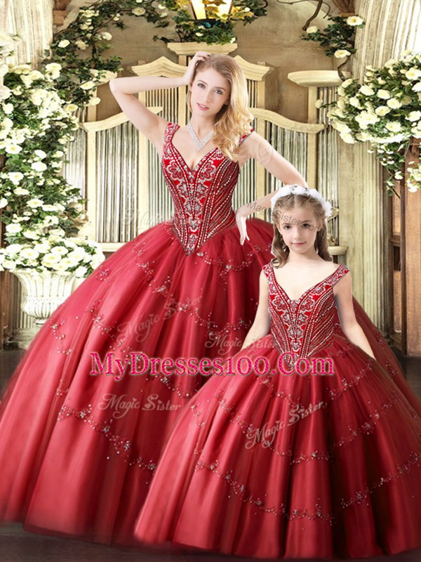 Floor Length Lace Up Vestidos de Quinceanera Red for Military Ball and Sweet 16 and Quinceanera with Beading