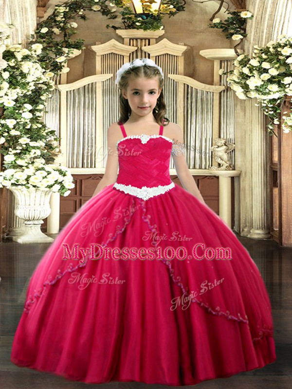 Low Price Sweep Train Ball Gowns Little Girl Pageant Gowns Coral Red Straps Tulle Sleeveless Lace Up