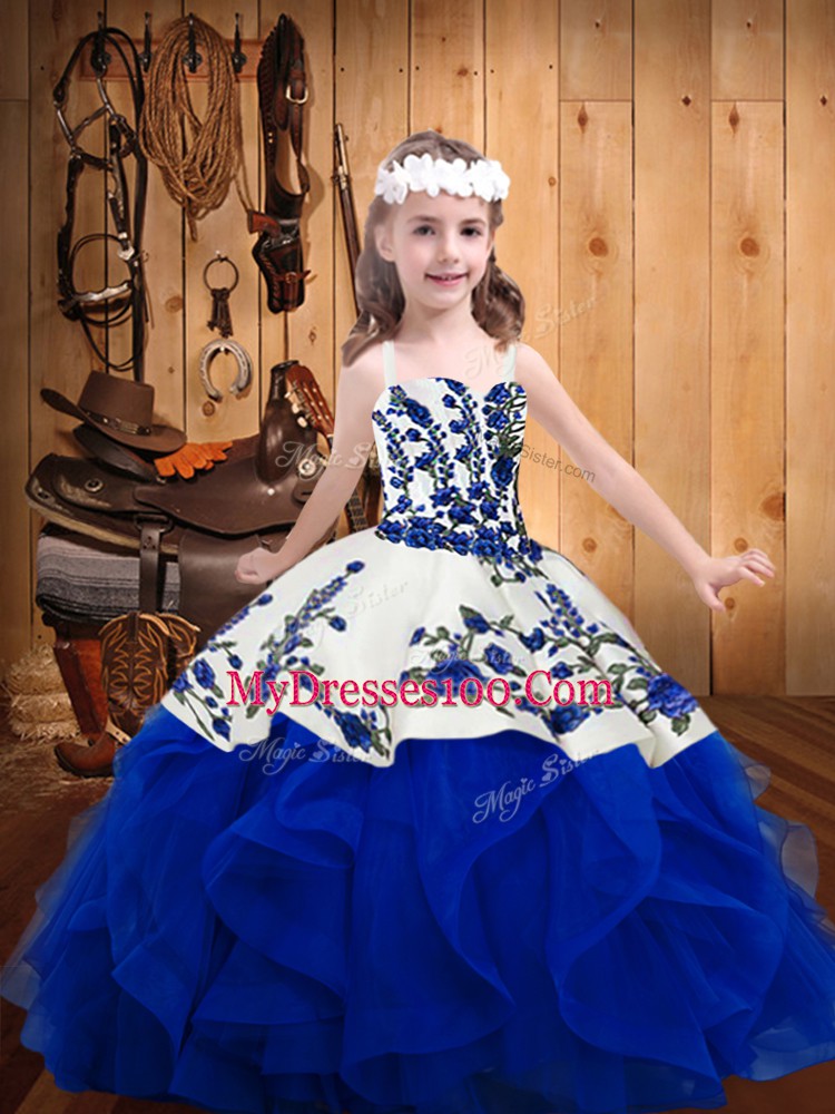 Royal Blue Organza Lace Up Straps Sleeveless Floor Length Kids Formal Wear Embroidery and Ruffles