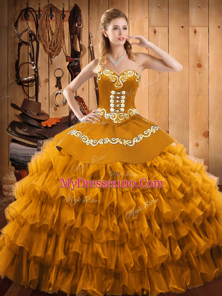 Wonderful Gold Sweetheart Neckline Embroidery and Ruffled Layers Sweet 16 Dresses Sleeveless Lace Up