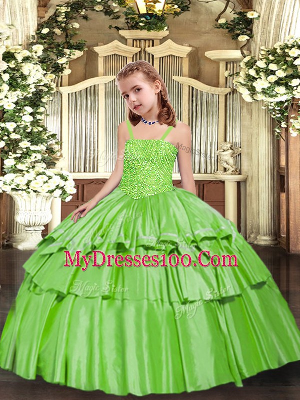 Yellow Green Ball Gowns Taffeta Straps Sleeveless Beading and Ruffled Layers Floor Length Lace Up Kids Pageant Dress