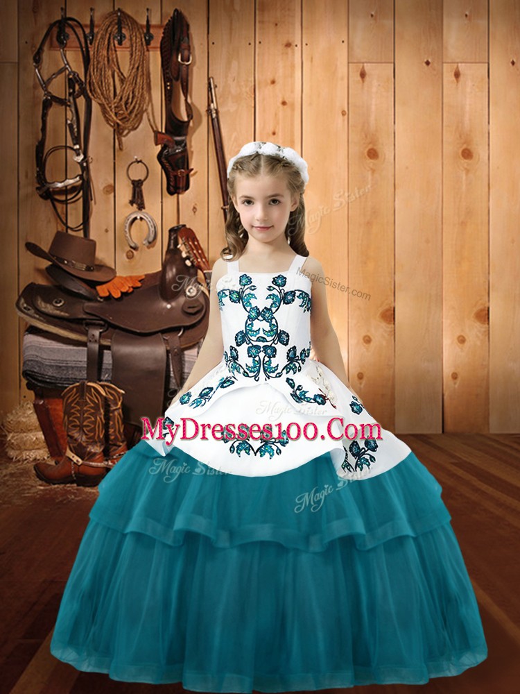 Sleeveless Lace Up Floor Length Embroidery Kids Pageant Dress