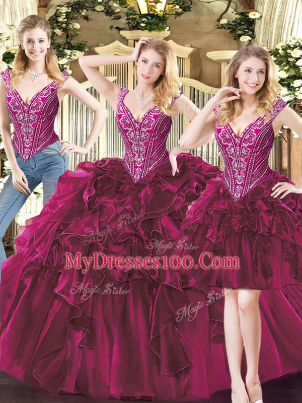 Cute Fuchsia Lace Up V-neck Beading and Ruffles Ball Gown Prom Dress Organza Sleeveless