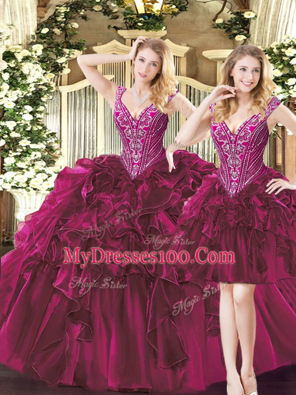 Cute Fuchsia Lace Up V-neck Beading and Ruffles Ball Gown Prom Dress Organza Sleeveless
