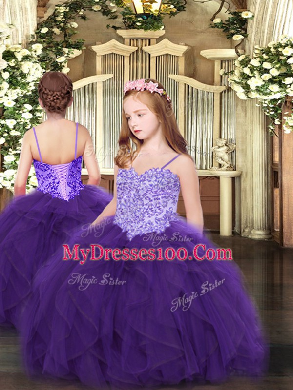 Eggplant Purple Ball Gowns Beading and Ruffles 15 Quinceanera Dress Lace Up Tulle Sleeveless Floor Length
