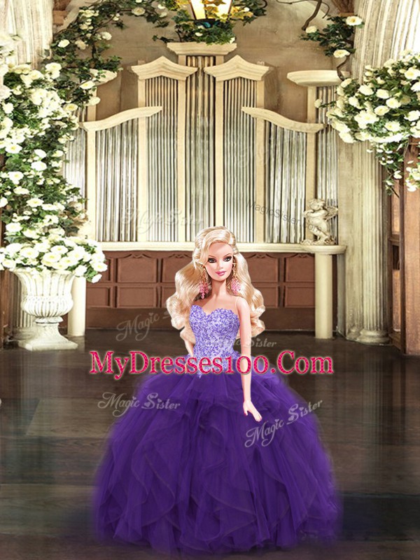 Eggplant Purple Ball Gowns Beading and Ruffles 15 Quinceanera Dress Lace Up Tulle Sleeveless Floor Length
