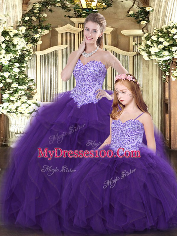 Eggplant Purple Ball Gowns Beading and Ruffles 15 Quinceanera Dress Lace Up Tulle Sleeveless Floor Length