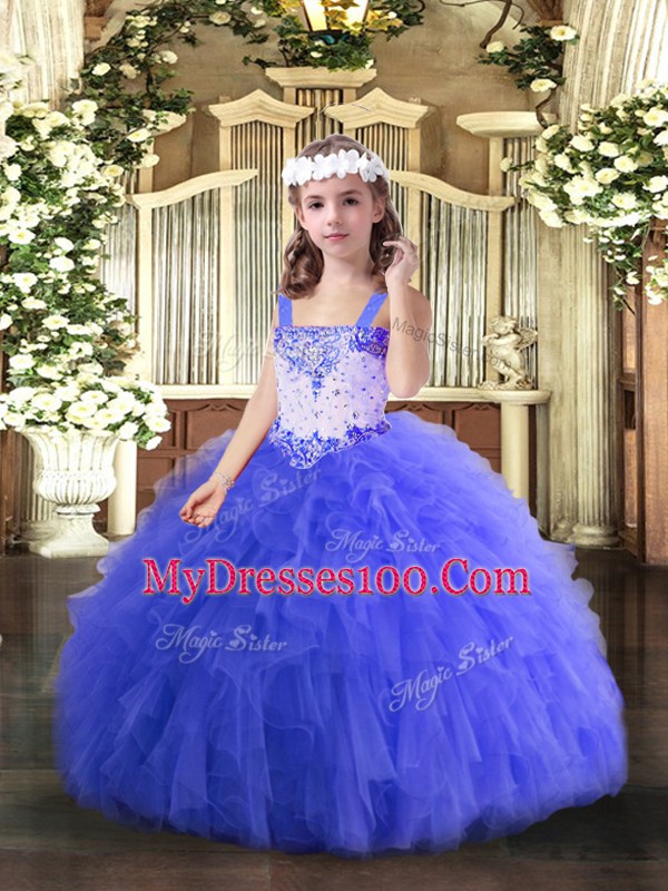 Blue Sleeveless Floor Length Beading and Ruffles Lace Up Pageant Dress for Teens