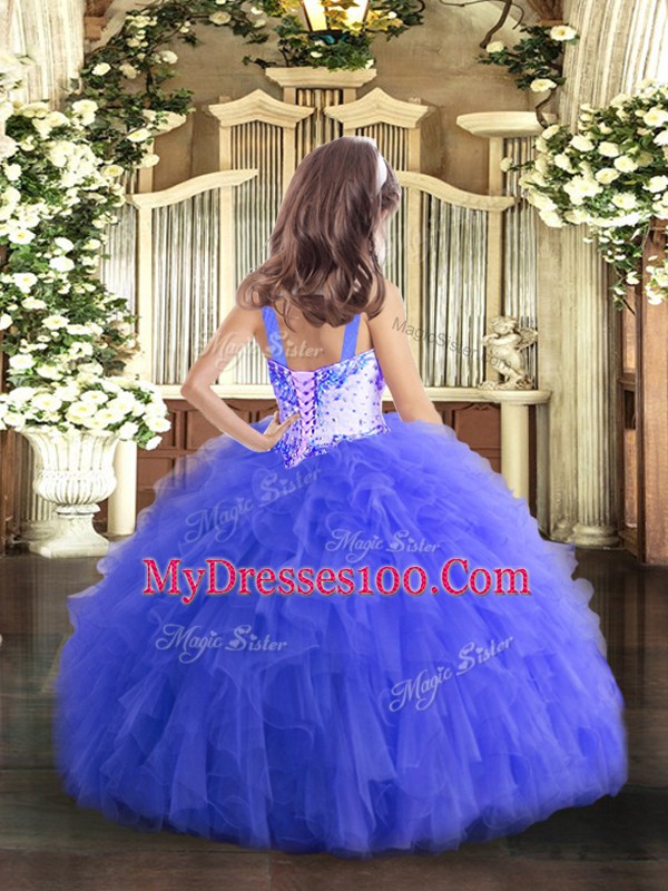 Blue Sleeveless Floor Length Beading and Ruffles Lace Up Pageant Dress for Teens