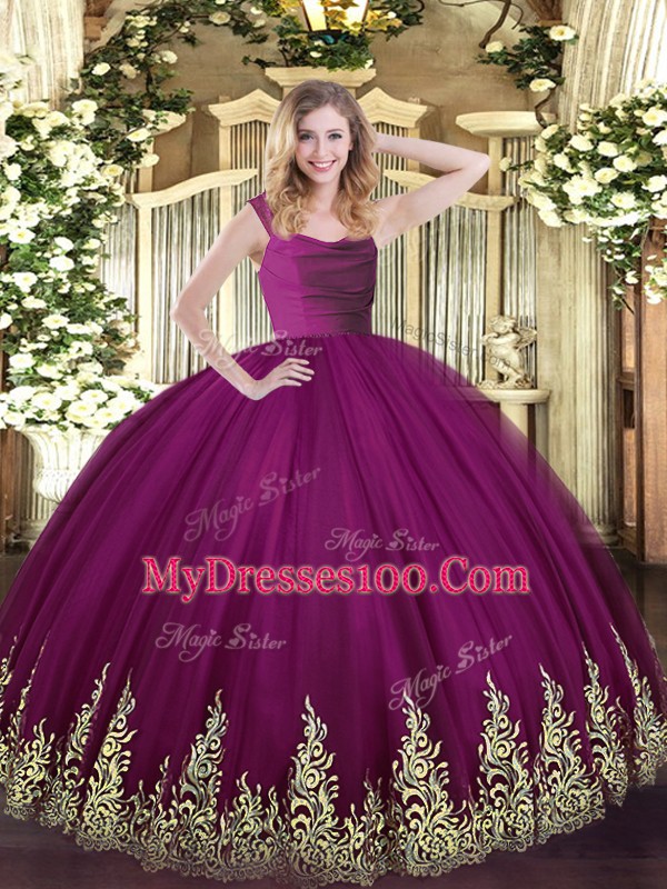 Fuchsia Sleeveless Tulle Zipper Quinceanera Gowns for Sweet 16 and Quinceanera