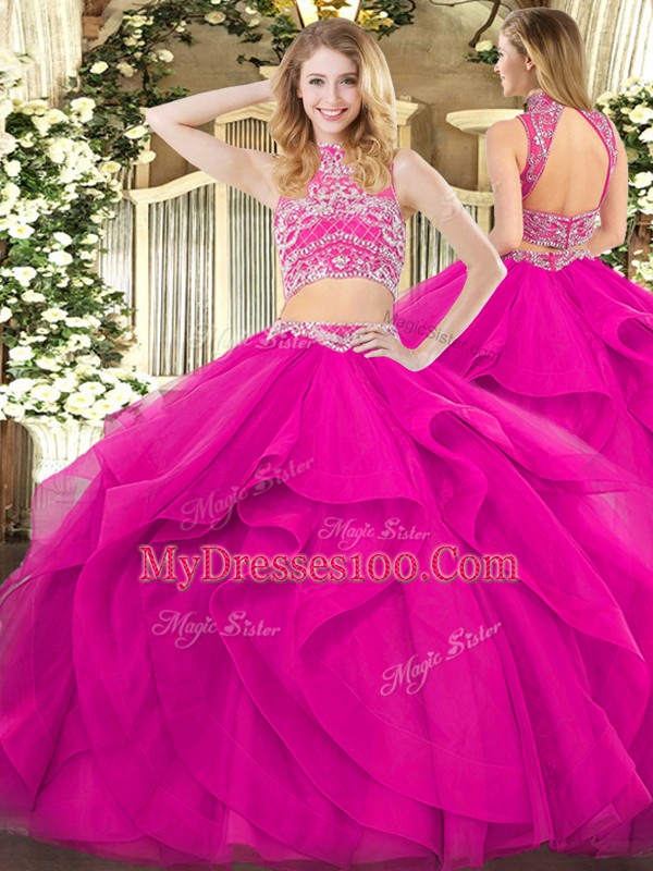 High-neck Sleeveless Sweet 16 Dresses Floor Length Beading and Ruffles Fuchsia Tulle