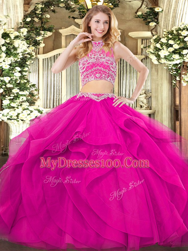 High-neck Sleeveless Sweet 16 Dresses Floor Length Beading and Ruffles Fuchsia Tulle