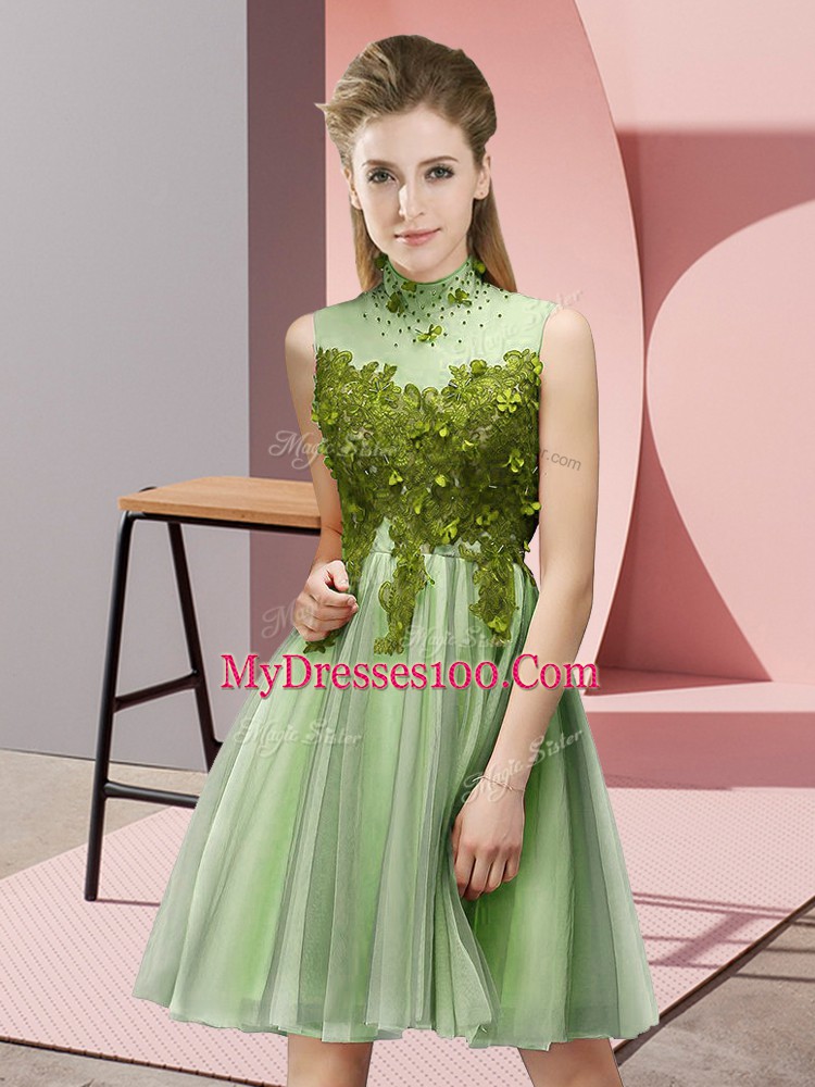 Empire Bridesmaids Dress High-neck Tulle Sleeveless Knee Length Lace Up