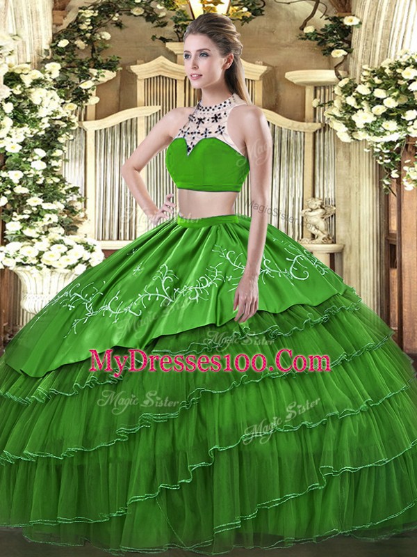 Great Floor Length Two Pieces Sleeveless Green 15th Birthday Dress Backless