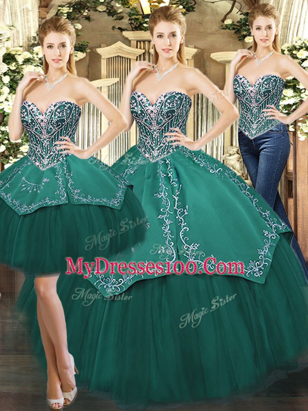 Clearance Dark Green Lace Up Vestidos de Quinceanera Beading and Appliques Sleeveless Floor Length