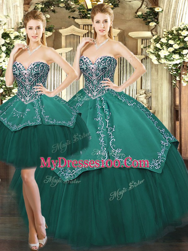 Clearance Dark Green Lace Up Vestidos de Quinceanera Beading and Appliques Sleeveless Floor Length