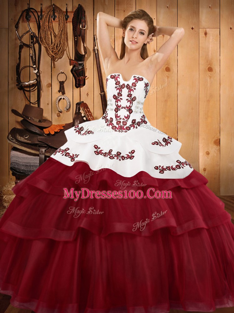 High End Lace Up Sweet 16 Dress Wine Red for Military Ball and Sweet 16 and Quinceanera with Embroidery and Ruffled Layers Sweep Train