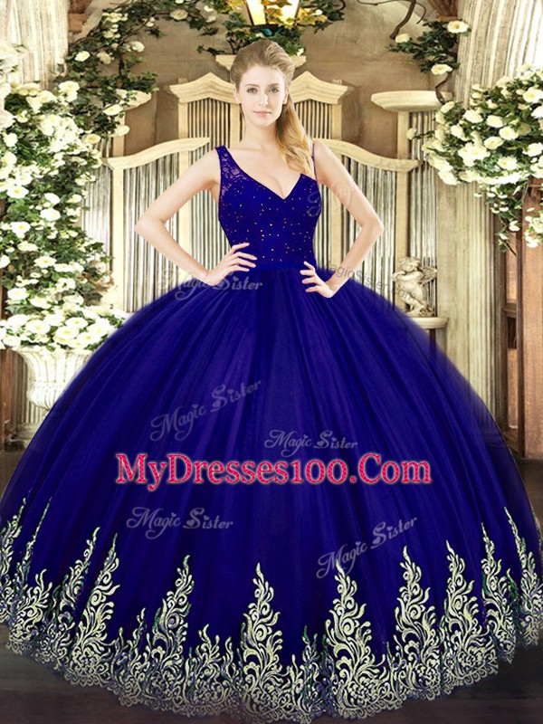 Royal Blue Ball Gowns V-neck Sleeveless Tulle Floor Length Zipper Beading and Appliques Quinceanera Dress