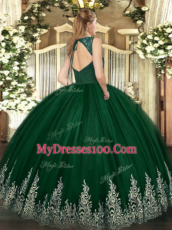Royal Blue Ball Gowns V-neck Sleeveless Tulle Floor Length Zipper Beading and Appliques Quinceanera Dress