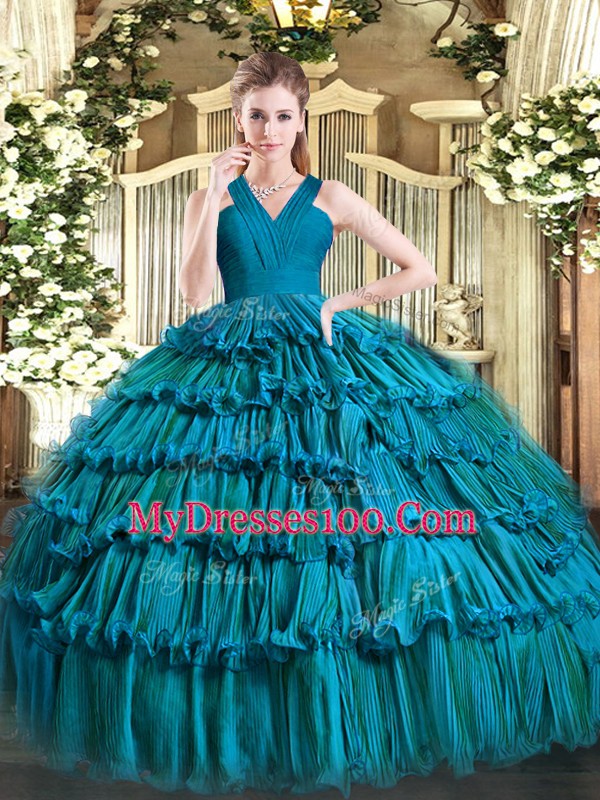 Ball Gowns Quinceanera Gown Teal V-neck Organza Sleeveless Floor Length Zipper
