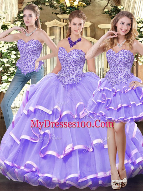 New Arrival Organza Sleeveless Floor Length 15 Quinceanera Dress and Appliques and Ruffled Layers