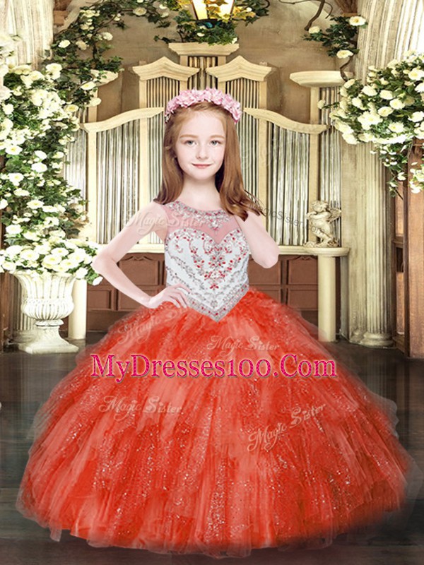 Red Ball Gowns Beading and Ruffles Pageant Gowns For Girls Zipper Tulle Sleeveless Floor Length