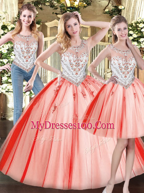 Scoop Sleeveless Tulle Vestidos de Quinceanera Beading Zipper