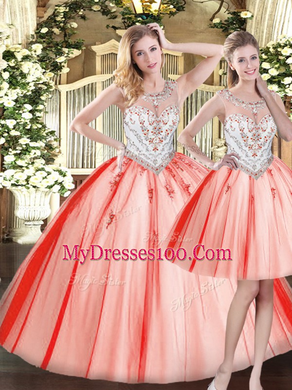 Scoop Sleeveless Tulle Vestidos de Quinceanera Beading Zipper