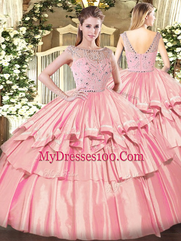 New Arrival Beading and Ruffled Layers Ball Gown Prom Dress Rose Pink Zipper Sleeveless Floor Length
