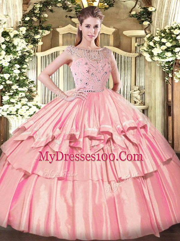 New Arrival Beading and Ruffled Layers Ball Gown Prom Dress Rose Pink Zipper Sleeveless Floor Length