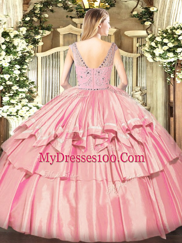 New Arrival Beading and Ruffled Layers Ball Gown Prom Dress Rose Pink Zipper Sleeveless Floor Length