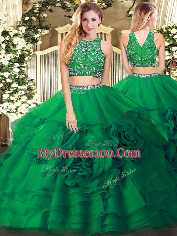 Romantic Dark Green Sleeveless Beading and Ruffled Layers Floor Length Quinceanera Dresses