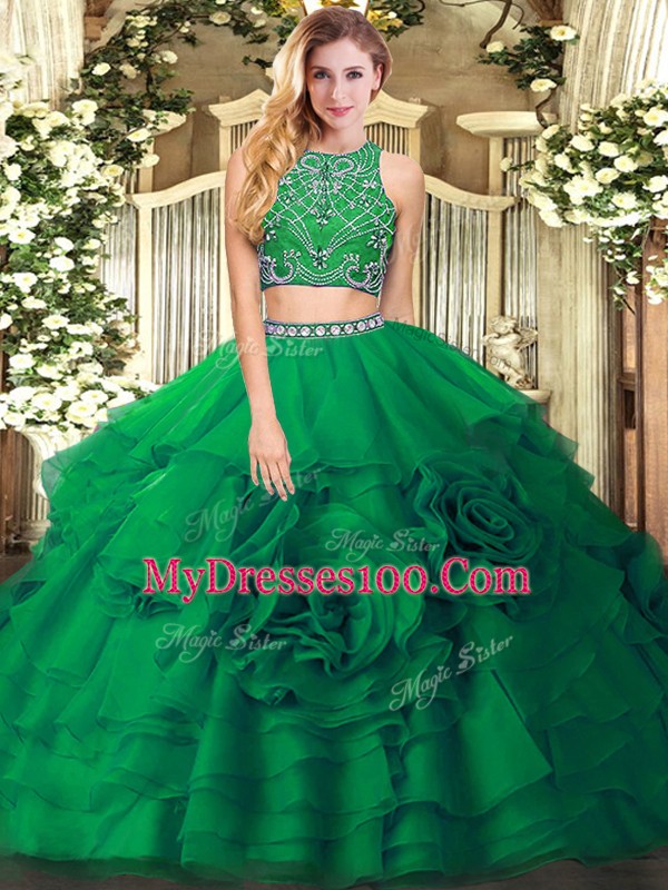 Romantic Dark Green Sleeveless Beading and Ruffled Layers Floor Length Quinceanera Dresses