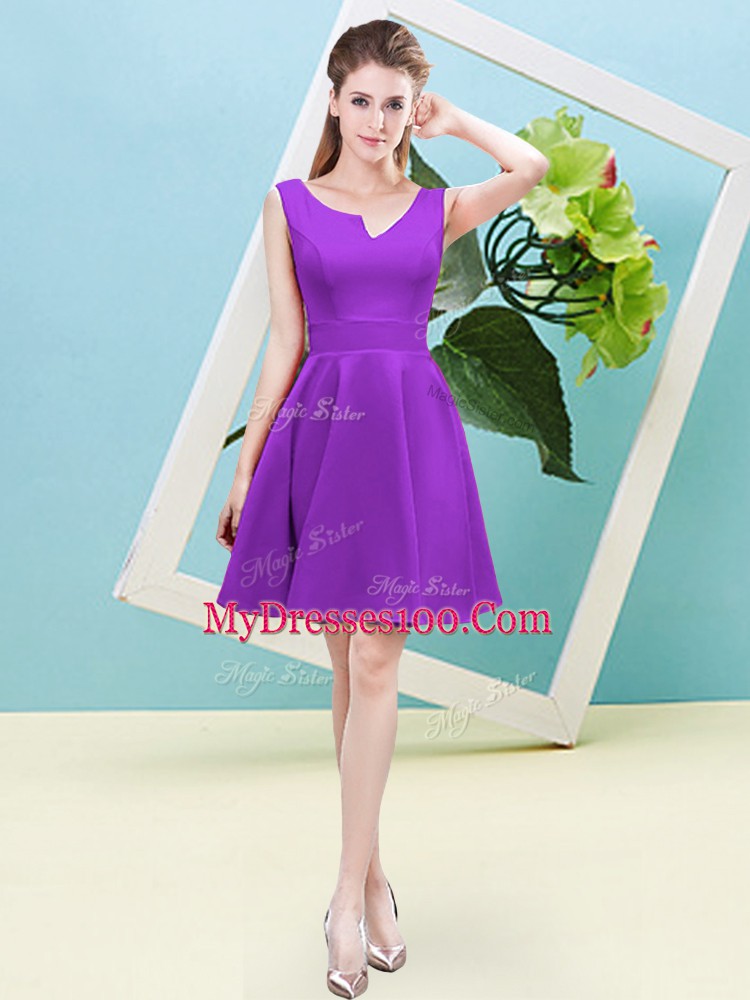 Modern Satin Asymmetric Sleeveless Zipper Ruching Bridesmaid Gown in Eggplant Purple