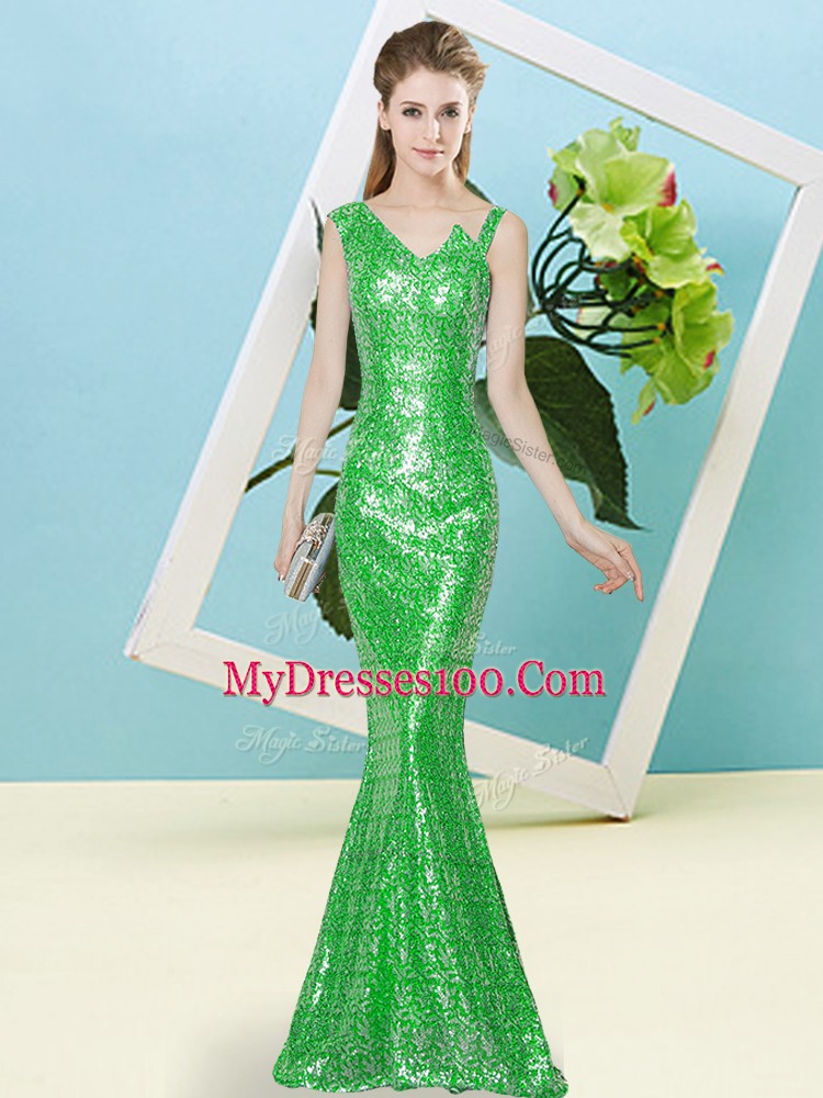 Fancy Floor Length Green Formal Dresses Sequined Sleeveless Sequins