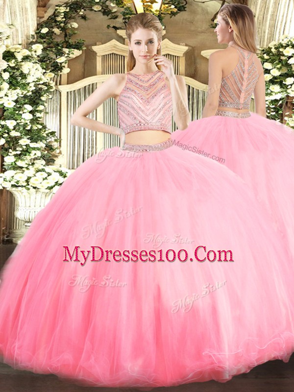 Baby Pink Sweet 16 Dress Military Ball and Sweet 16 and Quinceanera with Beading Scoop Sleeveless Zipper