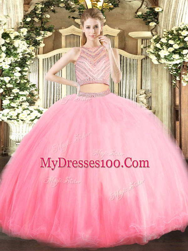 Baby Pink Sweet 16 Dress Military Ball and Sweet 16 and Quinceanera with Beading Scoop Sleeveless Zipper